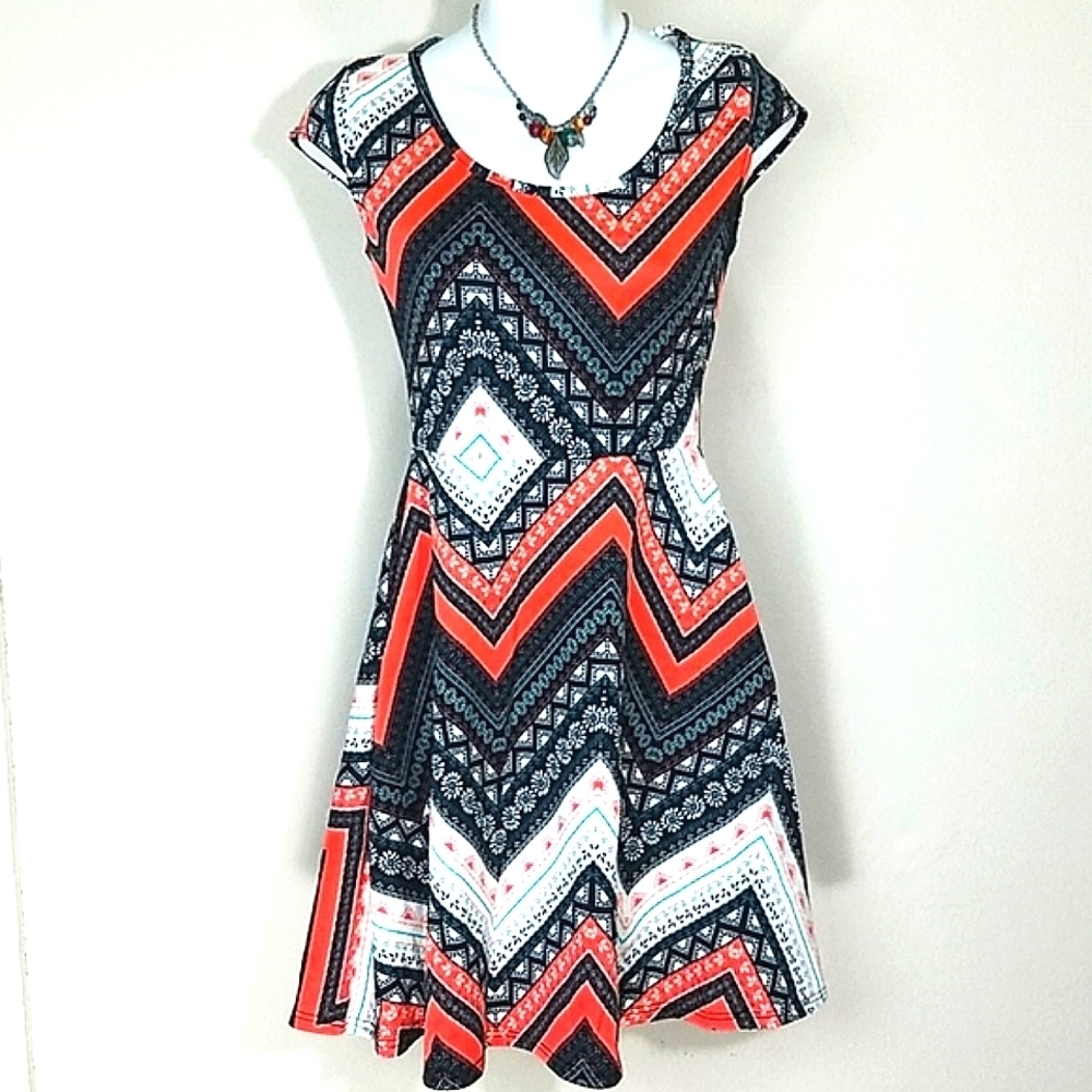 French Atmosphere Skater Sundress Coral Turquoise Chevron Print Mini Dress S